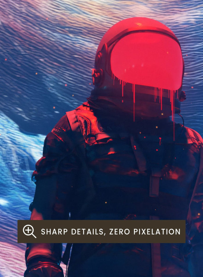 Astronaut Facing Cosmic Portal by Nicebleed is a surreal astronaut art print with galaxy vortex, planets, and modern sci-fi aesthetic poster design.