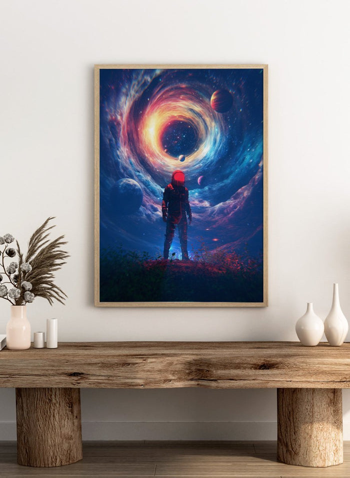 Astronaut Facing Cosmic Portal by Nicebleed is a surreal astronaut art print with galaxy vortex, planets, and modern sci-fi aesthetic poster design.