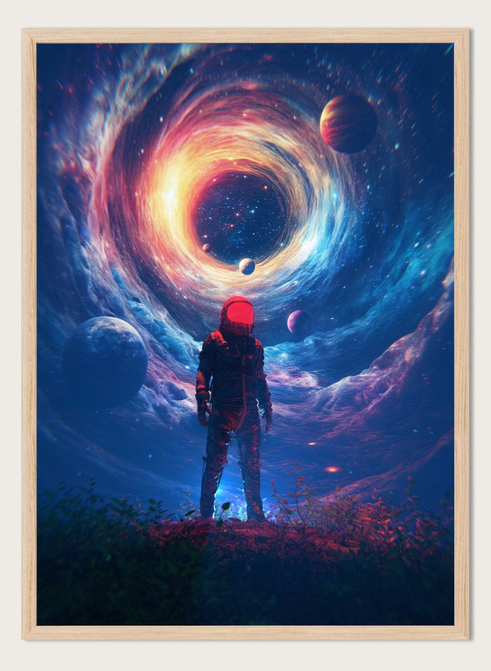 Astronaut Facing Cosmic Portal by Nicebleed is a surreal astronaut art print with galaxy vortex, planets, and modern sci-fi aesthetic poster design.