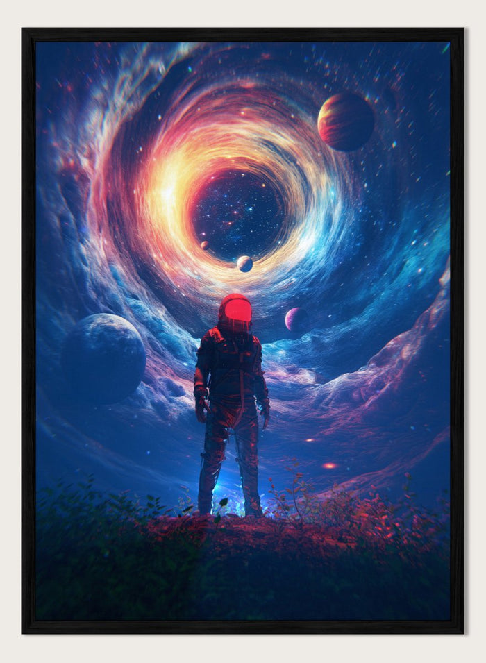 Astronaut Facing Cosmic Portal by Nicebleed is a surreal astronaut art print with galaxy vortex, planets, and modern sci-fi aesthetic poster design.