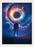 Astronaut Facing Cosmic Portal by Nicebleed is a surreal astronaut art print with galaxy vortex, planets, and modern sci-fi aesthetic poster design.