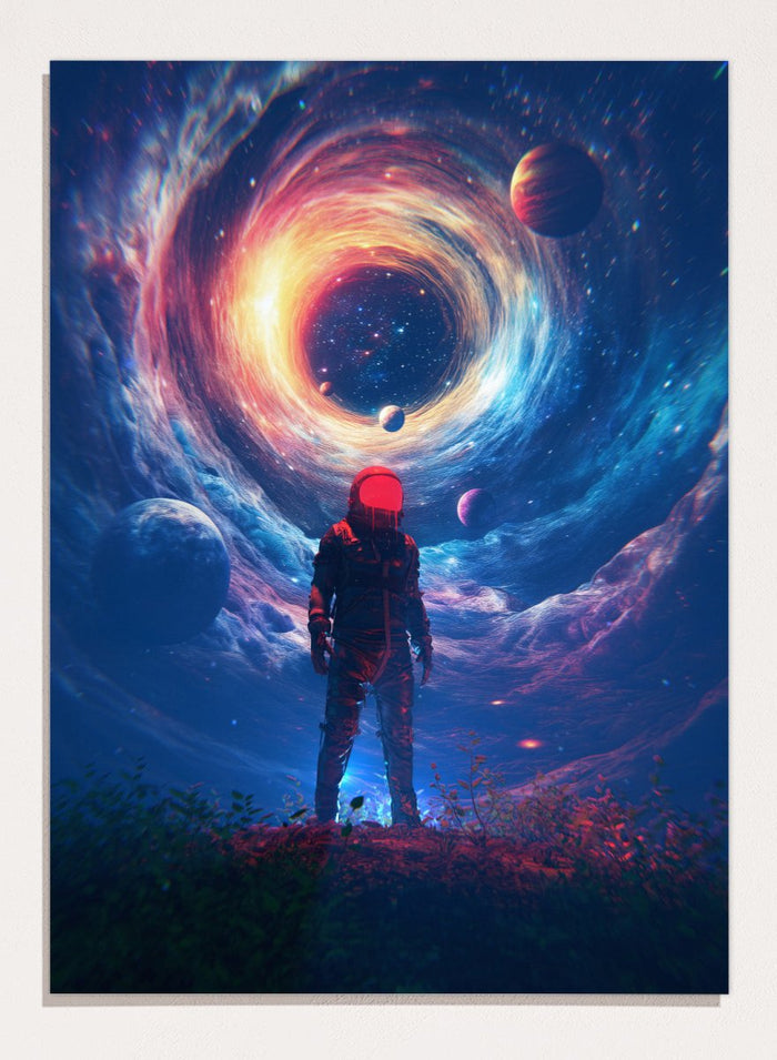 Astronaut Facing Cosmic Portal by Nicebleed is a surreal astronaut art print with galaxy vortex, planets, and modern sci-fi aesthetic poster design.