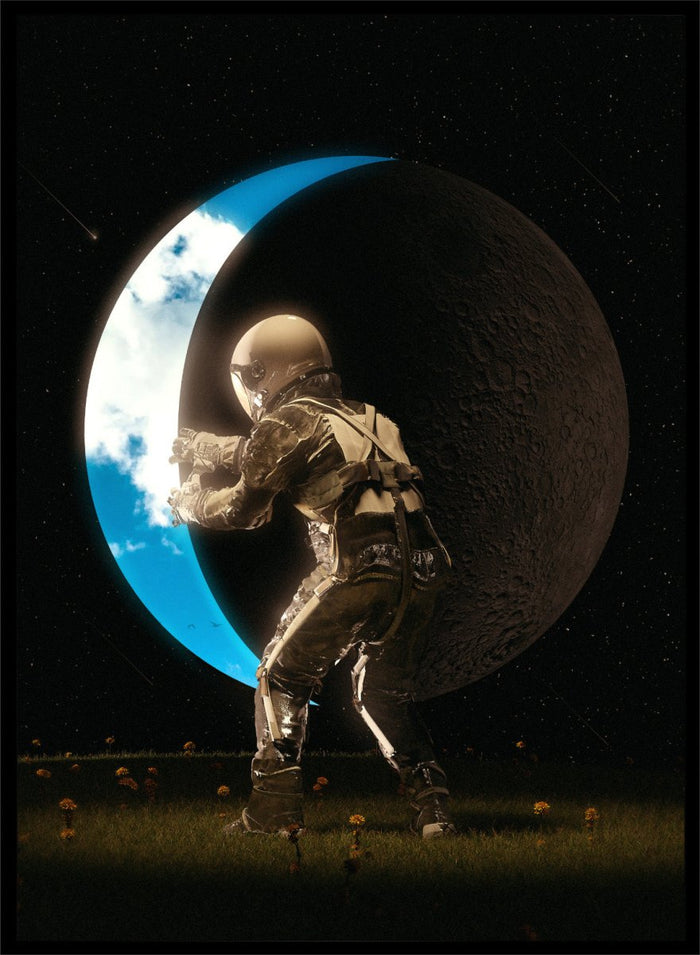 Astronaut standing on a moon-like surface with Earth visible through a crater. Astronaut Holding the Moon by Nicebleed is a surreal space art print featuring an astronaut pushing a crescent moon, modern aesthetic wall poster.