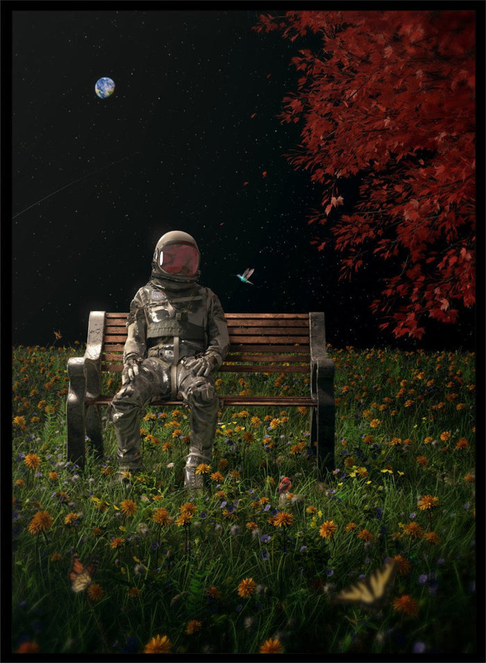 Person in astronaut suit sitting on a bench in a garden with flowers and trees at night. Astronaut Space Garden by Nicebleed is a surreal space art print featuring an astronaut on a bench in a floral field under stars, modern aesthetic wall poster.
