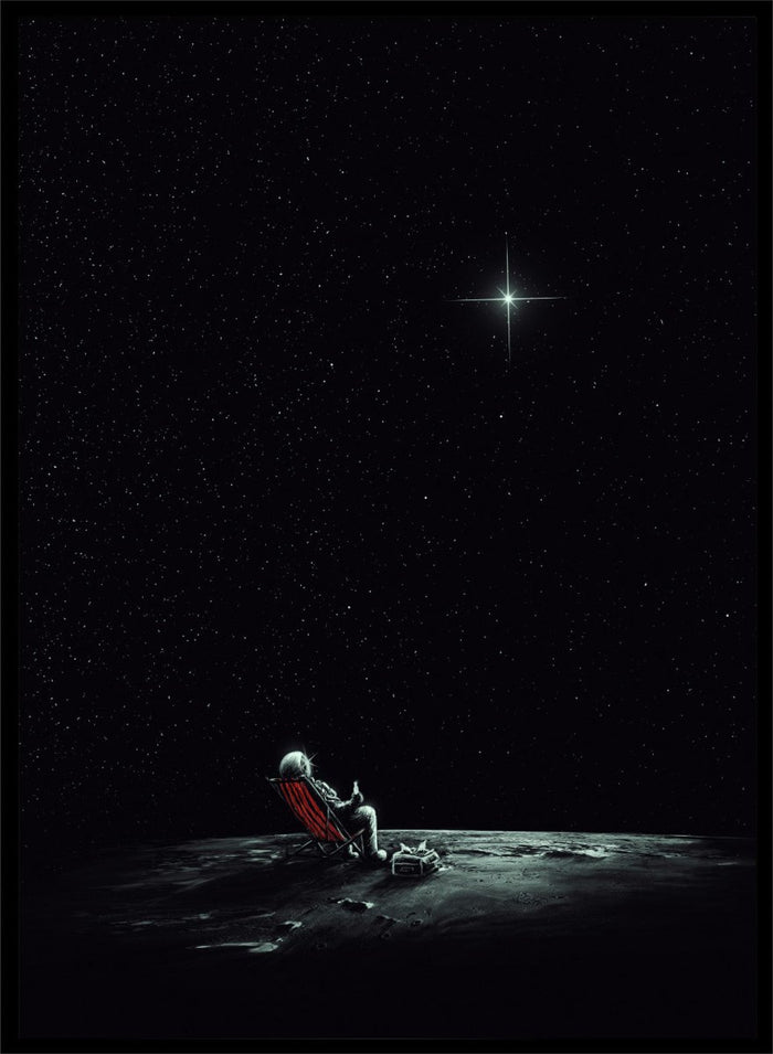 Person sitting on a chair under a starry sky. Astronaut Star Gazer by Nicebleed is a surreal space art print featuring a lone astronaut under a star-filled sky, modern aesthetic wall poster.