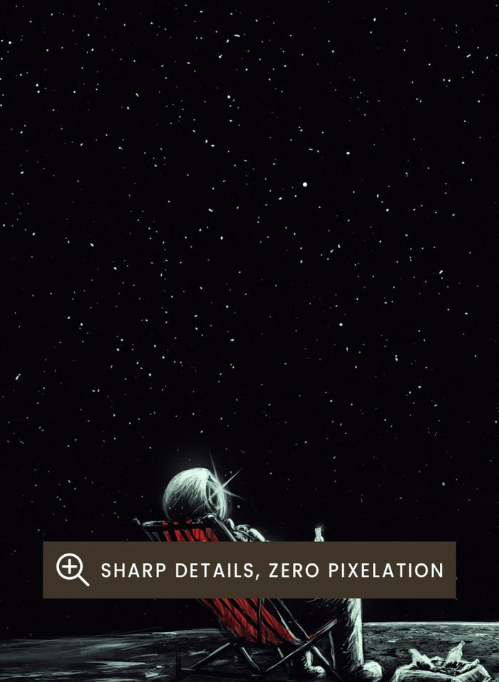 Person sitting on a chair under a starry sky. Astronaut Star Gazer by Nicebleed is a surreal space art print featuring a lone astronaut under a star-filled sky, modern aesthetic wall poster.