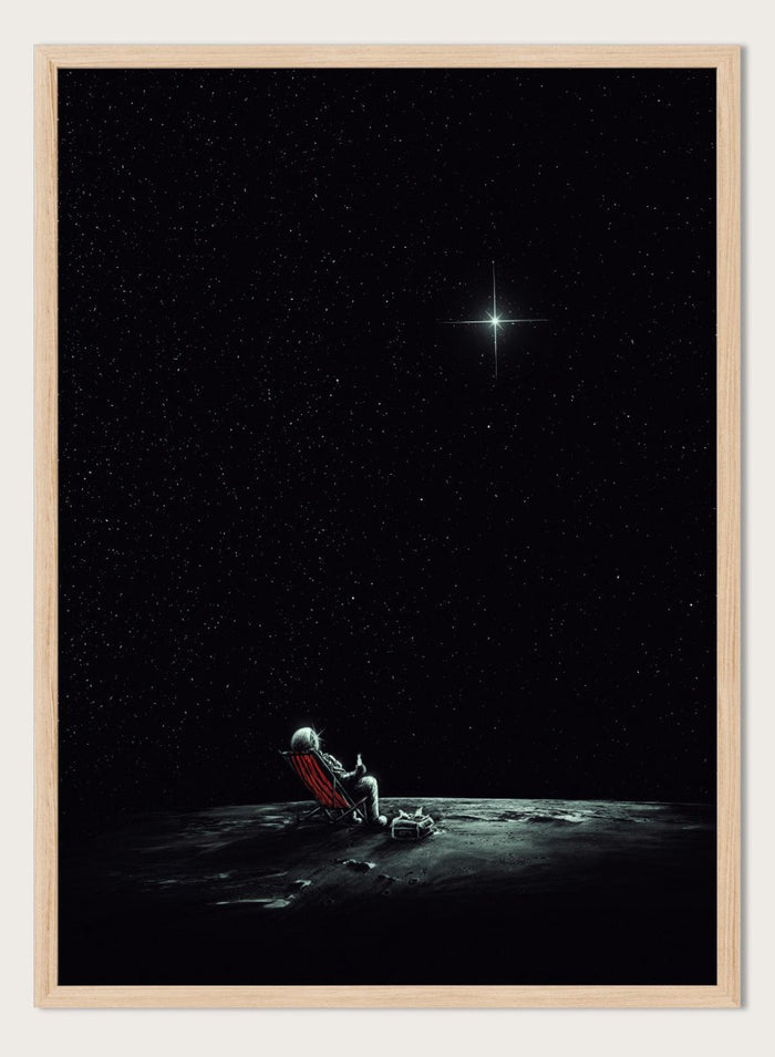 Person sitting on a chair under a starry sky. Astronaut Star Gazer by Nicebleed is a surreal space art print featuring a lone astronaut under a star-filled sky, modern aesthetic wall poster.