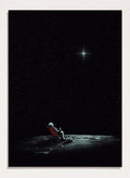 Person sitting on a chair under a starry sky. Astronaut Star Gazer by Nicebleed is a surreal space art print featuring a lone astronaut under a star-filled sky, modern aesthetic wall poster.