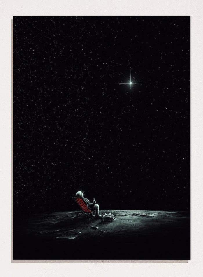 Person sitting on a chair under a starry sky. Astronaut Star Gazer by Nicebleed is a surreal space art print featuring a lone astronaut under a star-filled sky, modern aesthetic wall poster.
