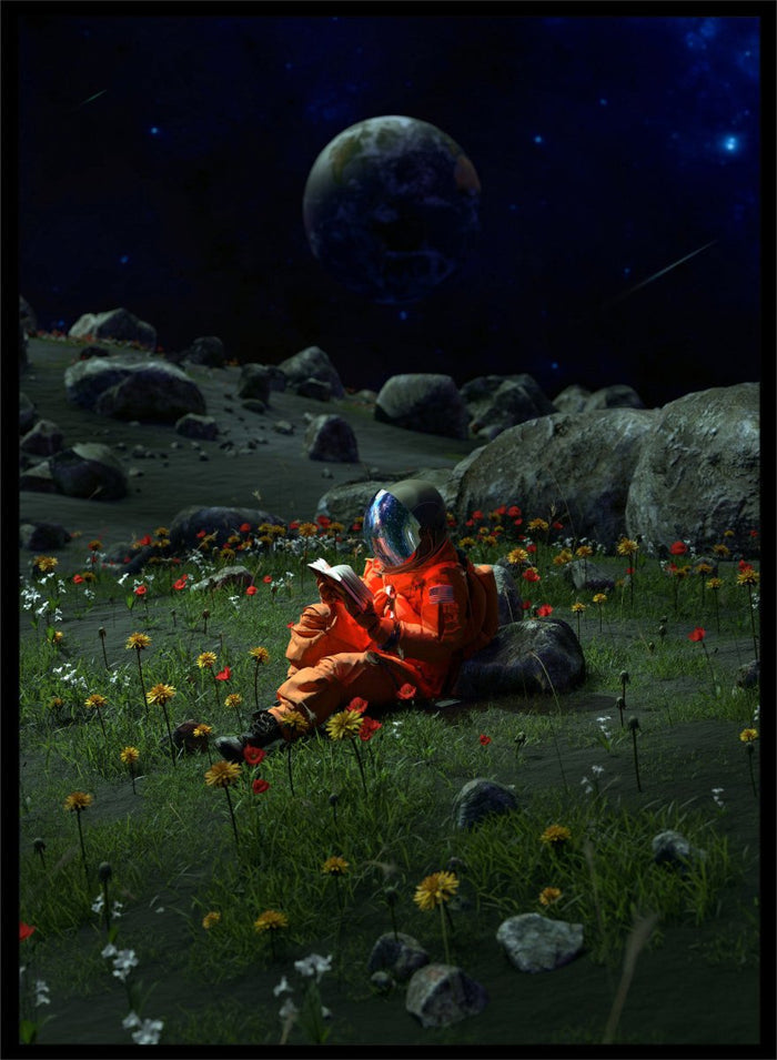 Person in orange spacesuit sitting on the moon reading a book with a large moon and stars in the background. Astronaut’s Alien Garden by Nicebleed is a surreal space art print featuring an astronaut reading in a floral alien landscape, modern aesthetic wall poster.