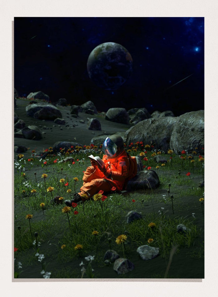 Person in orange spacesuit sitting on the moon reading a book with a large moon and stars in the background. Astronaut’s Alien Garden by Nicebleed is a surreal space art print featuring an astronaut reading in a floral alien landscape, modern aesthetic wall poster.