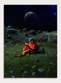 Person in orange spacesuit sitting on the moon reading a book with a large moon and stars in the background. Astronaut’s Alien Garden by Nicebleed is a surreal space art print featuring an astronaut reading in a floral alien landscape, modern aesthetic wall poster.
