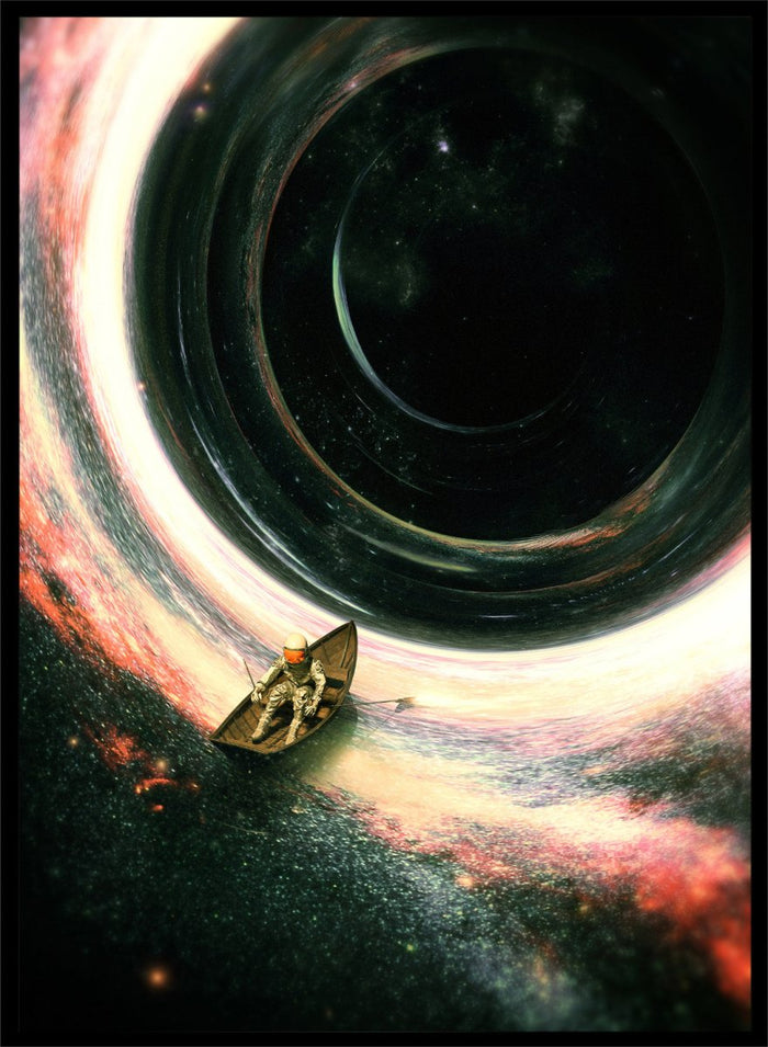Artistic depiction of a spaceship approaching a black hole with colorful nebulae in the background. Astronaut’s Cosmic Journey by Nicebleed is a surreal space art print featuring an astronaut in a boat drifting into a black hole, modern aesthetic wall poster.