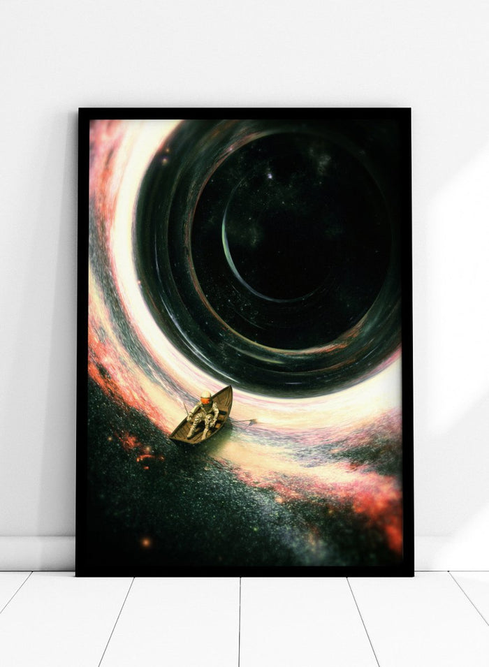 Artistic depiction of a spaceship approaching a black hole with colorful nebulae in the background. Astronaut’s Cosmic Journey by Nicebleed is a surreal space art print featuring an astronaut in a boat drifting into a black hole, modern aesthetic wall poster.