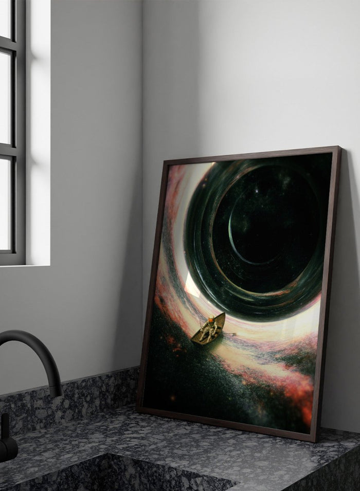 Artistic depiction of a spaceship approaching a black hole with colorful nebulae in the background. Astronaut’s Cosmic Journey by Nicebleed is a surreal space art print featuring an astronaut in a boat drifting into a black hole, modern aesthetic wall poster.
