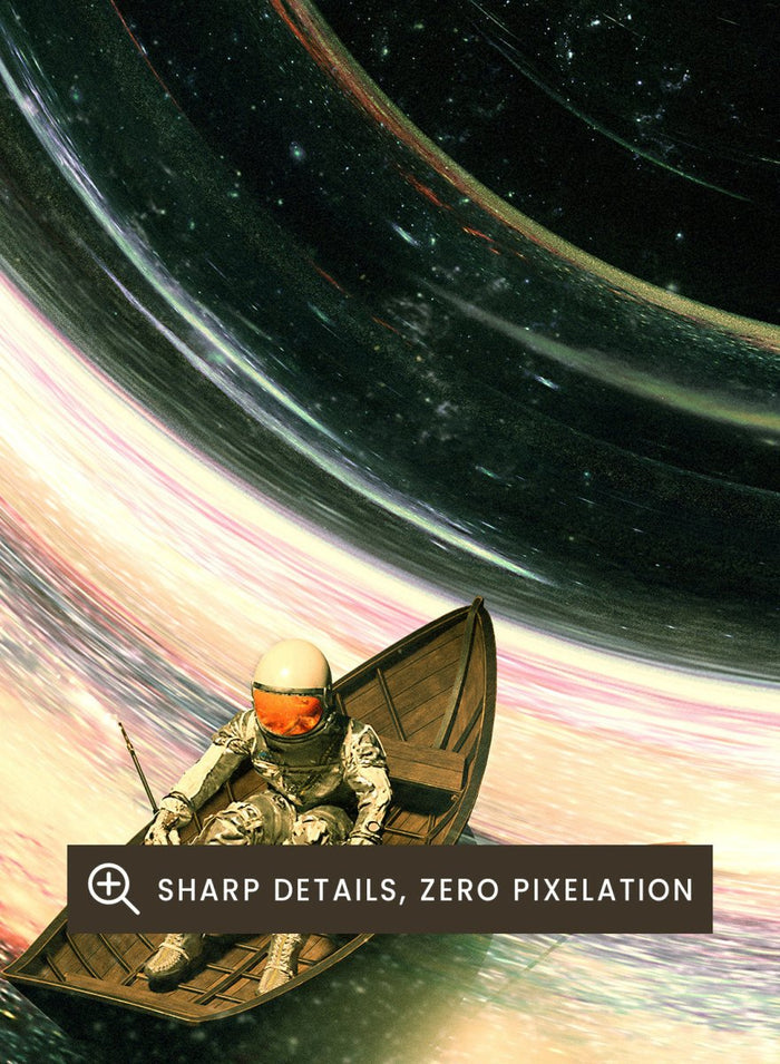 Artistic depiction of a spaceship approaching a black hole with colorful nebulae in the background. Astronaut’s Cosmic Journey by Nicebleed is a surreal space art print featuring an astronaut in a boat drifting into a black hole, modern aesthetic wall poster.