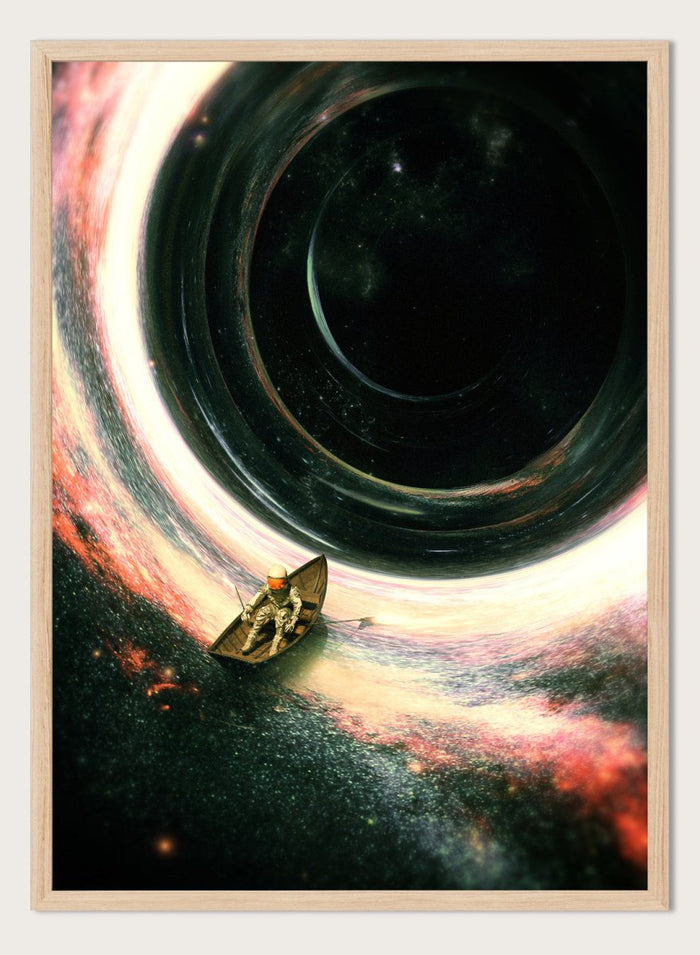Artistic depiction of a spaceship approaching a black hole with colorful nebulae in the background. Astronaut’s Cosmic Journey by Nicebleed is a surreal space art print featuring an astronaut in a boat drifting into a black hole, modern aesthetic wall poster.