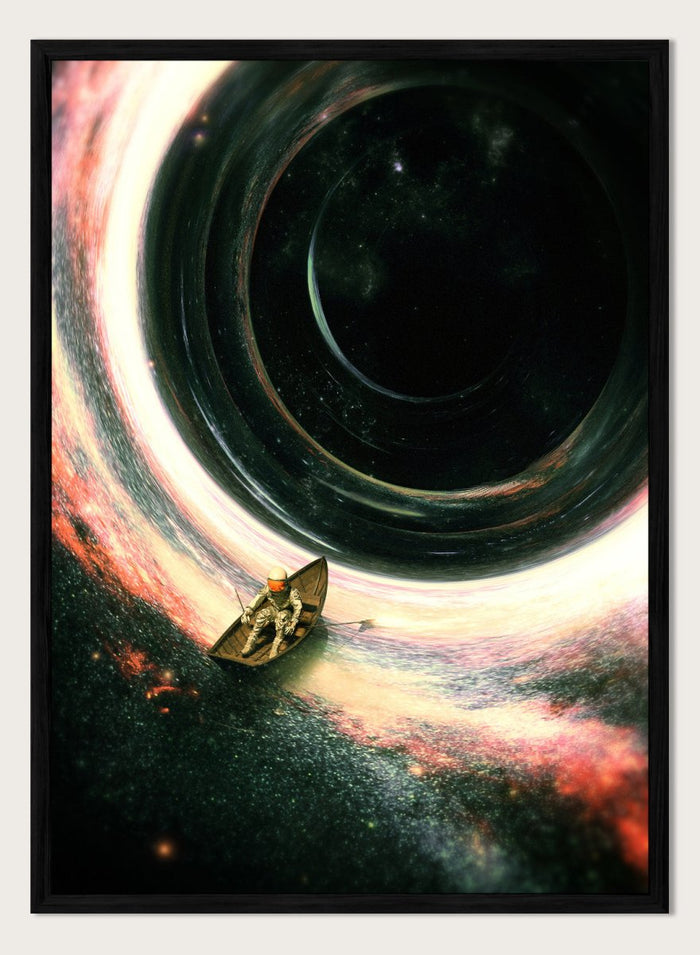 Artistic depiction of a spaceship approaching a black hole with colorful nebulae in the background. Astronaut’s Cosmic Journey by Nicebleed is a surreal space art print featuring an astronaut in a boat drifting into a black hole, modern aesthetic wall poster.