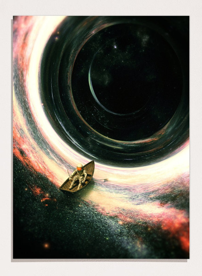 Artistic depiction of a spaceship approaching a black hole with colorful nebulae in the background. Astronaut’s Cosmic Journey by Nicebleed is a surreal space art print featuring an astronaut in a boat drifting into a black hole, modern aesthetic wall poster.