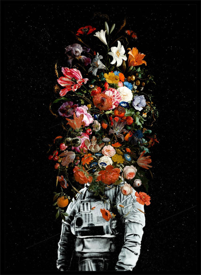 Artistic depiction of a person in astronaut suit with floral elements on a black background. Blooming Astronaut by Nicebleed is a surreal floral space art print featuring an astronaut with a head of flowers, modern aesthetic wall poster.