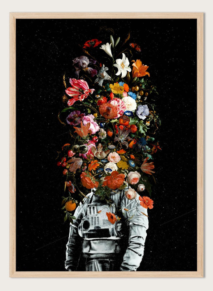 Artistic depiction of a person in astronaut suit with floral elements on a black background. Blooming Astronaut by Nicebleed is a surreal floral space art print featuring an astronaut with a head of flowers, modern aesthetic wall poster.