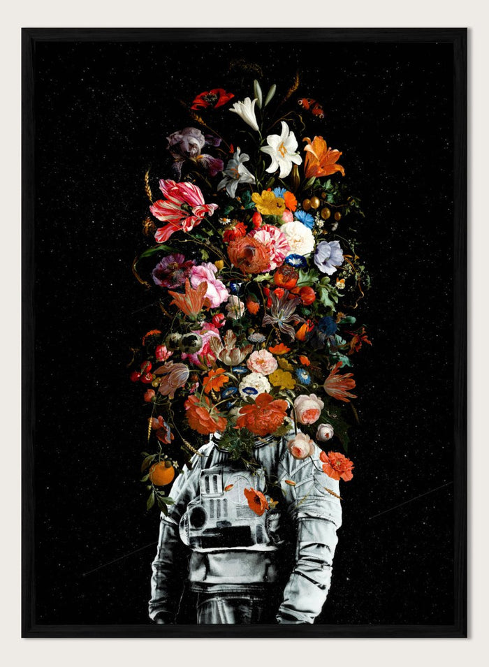 Artistic depiction of a person in astronaut suit with floral elements on a black background. Blooming Astronaut by Nicebleed is a surreal floral space art print featuring an astronaut with a head of flowers, modern aesthetic wall poster.