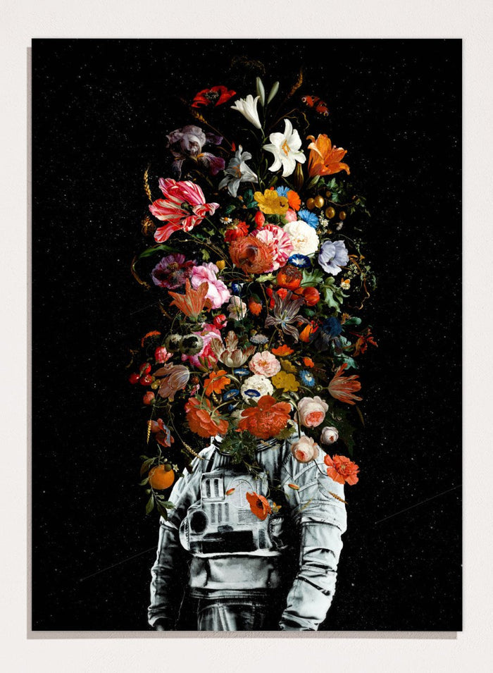 Artistic depiction of a person in astronaut suit with floral elements on a black background. Blooming Astronaut by Nicebleed is a surreal floral space art print featuring an astronaut with a head of flowers, modern aesthetic wall poster.