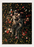 Astronaut lying on a bed of flowers with a dark background. Cosmic Couple Bloom by Nicebleed is a surreal astronaut floral art print featuring two astronauts in a field of flowers, modern aesthetic wall poster.