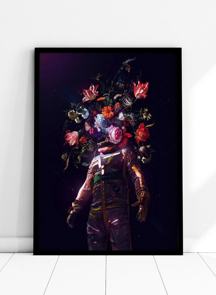 Person wearing a costume with floral headpiece against a dark background. Cosmic Garden Astronaut by Nicebleed is a surreal floral space art print featuring an astronaut with blooming flowers, modern aesthetic wall poster.