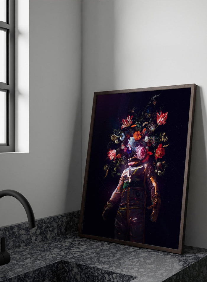 Person wearing a costume with floral headpiece against a dark background. Cosmic Garden Astronaut by Nicebleed is a surreal floral space art print featuring an astronaut with blooming flowers, modern aesthetic wall poster.