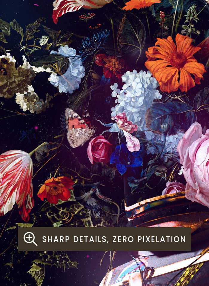 Person wearing a costume with floral headpiece against a dark background. Cosmic Garden Astronaut by Nicebleed is a surreal floral space art print featuring an astronaut with blooming flowers, modern aesthetic wall poster.