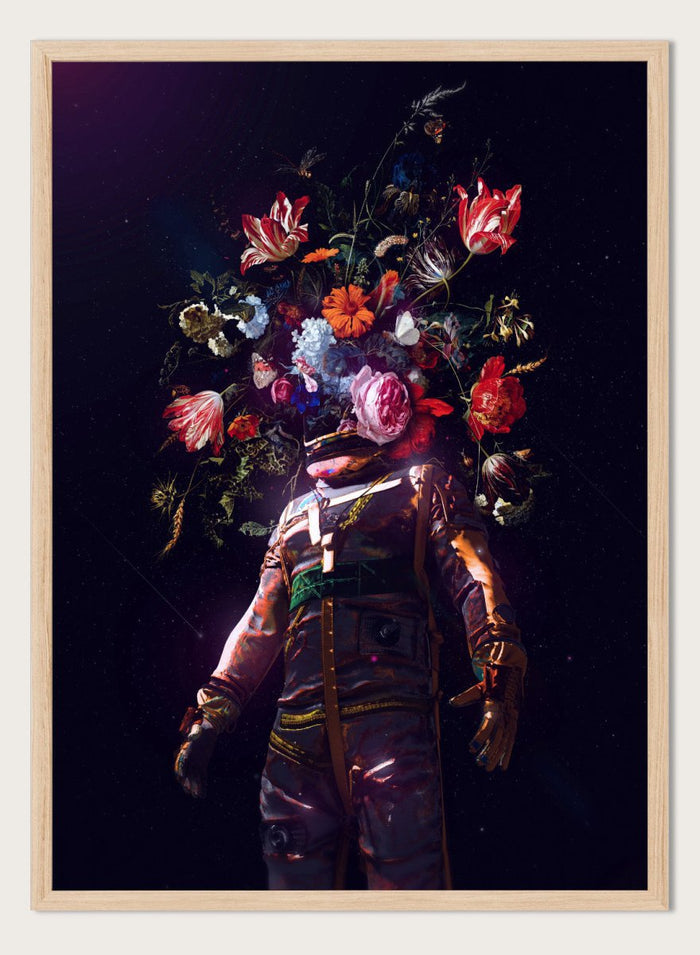 Person wearing a costume with floral headpiece against a dark background. Cosmic Garden Astronaut by Nicebleed is a surreal floral space art print featuring an astronaut with blooming flowers, modern aesthetic wall poster.