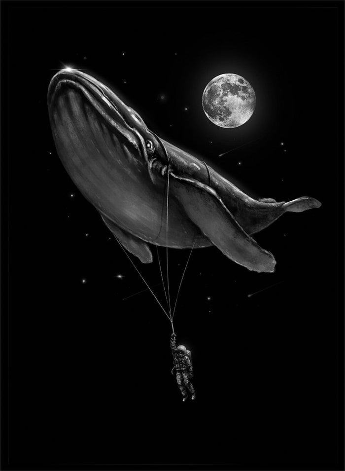 Black and white illustration of a large whale balloon with a person attached, set against a starry night sky with a moon. Cosmic Whale Ride by Nicebleed is a surreal space art print featuring an astronaut hanging from a floating whale, modern aesthetic wall poster.
