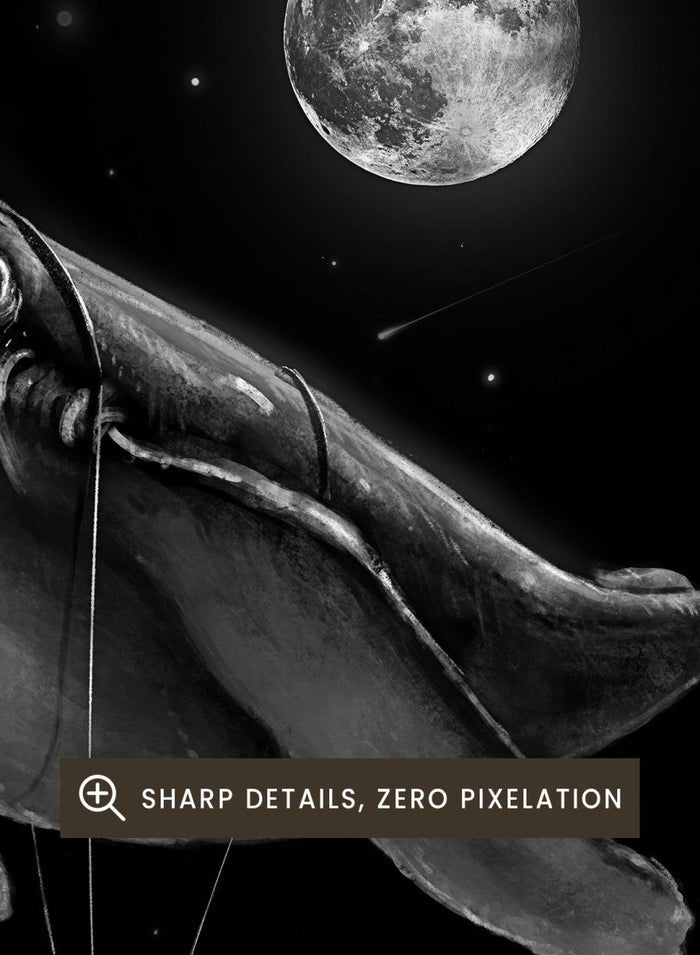 Black and white illustration of a large whale balloon with a person attached, set against a starry night sky with a moon. Cosmic Whale Ride by Nicebleed is a surreal space art print featuring an astronaut hanging from a floating whale, modern aesthetic wall poster.