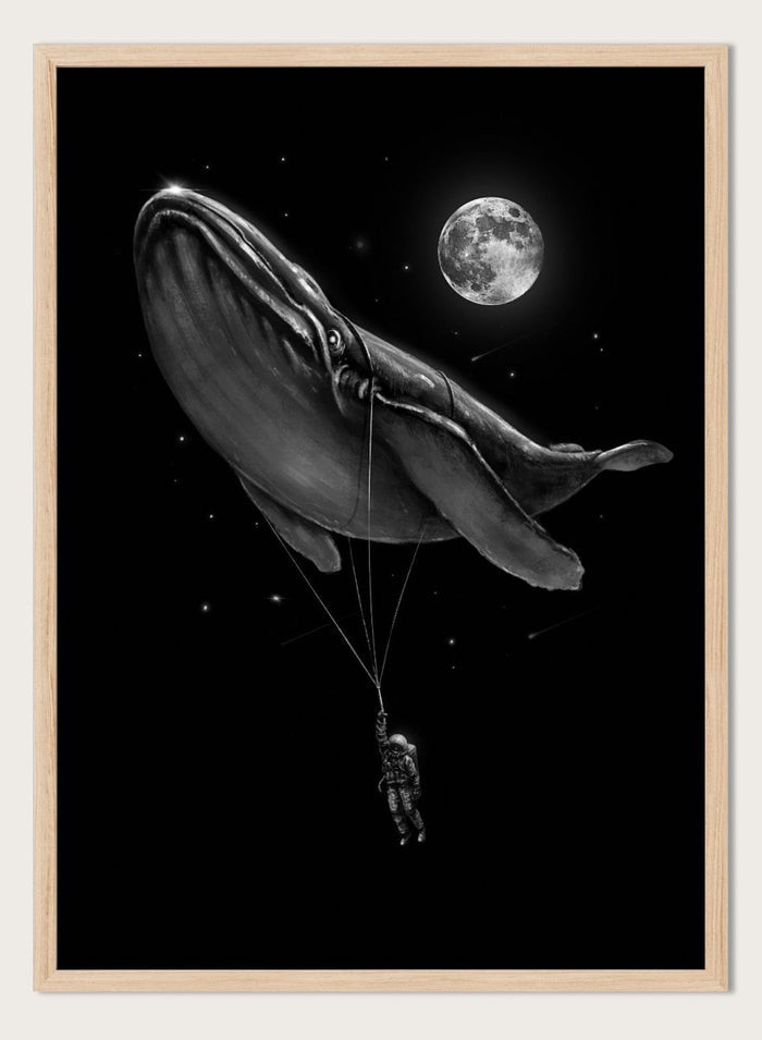 Black and white illustration of a large whale balloon with a person attached, set against a starry night sky with a moon. Cosmic Whale Ride by Nicebleed is a surreal space art print featuring an astronaut hanging from a floating whale, modern aesthetic wall poster.