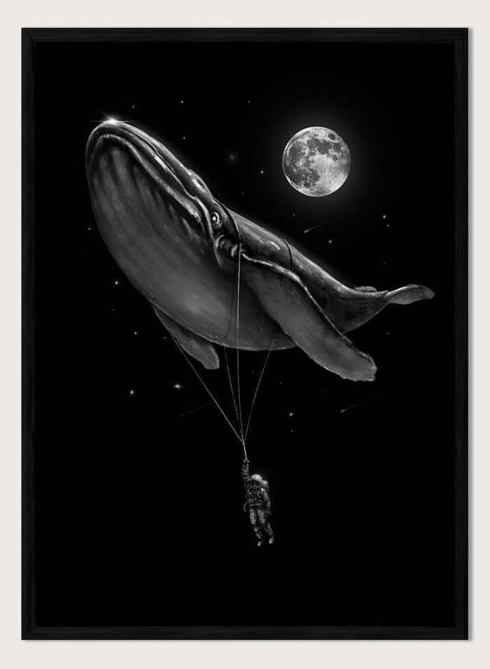 Black and white illustration of a large whale balloon with a person attached, set against a starry night sky with a moon. Cosmic Whale Ride by Nicebleed is a surreal space art print featuring an astronaut hanging from a floating whale, modern aesthetic wall poster.