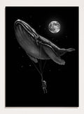 Black and white illustration of a large whale balloon with a person attached, set against a starry night sky with a moon. Cosmic Whale Ride by Nicebleed is a surreal space art print featuring an astronaut hanging from a floating whale, modern aesthetic wall poster.