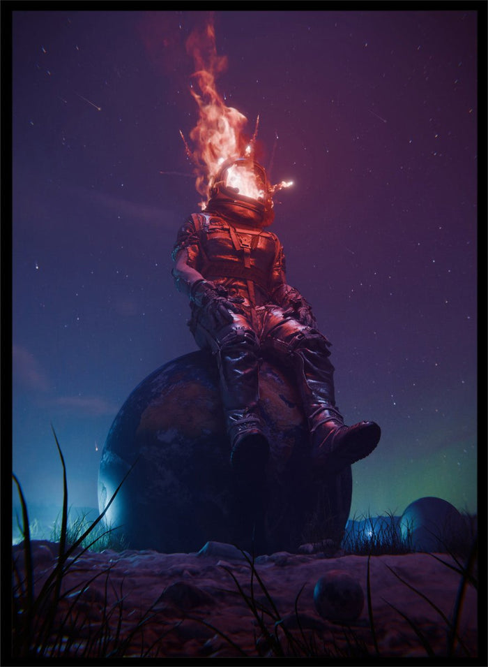 Flaming Astronaut Stars by Nicebleed is a surreal astronaut art print with fire helmet, cosmic sky, and modern sci-fi aesthetic poster design.