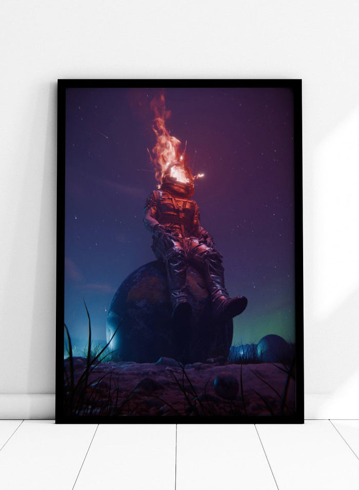 Flaming Astronaut Stars by Nicebleed is a surreal astronaut art print with fire helmet, cosmic sky, and modern sci-fi aesthetic poster design.