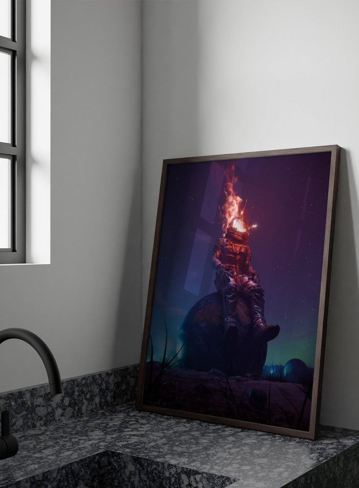 Flaming Astronaut Stars by Nicebleed is a surreal astronaut art print with fire helmet, cosmic sky, and modern sci-fi aesthetic poster design.