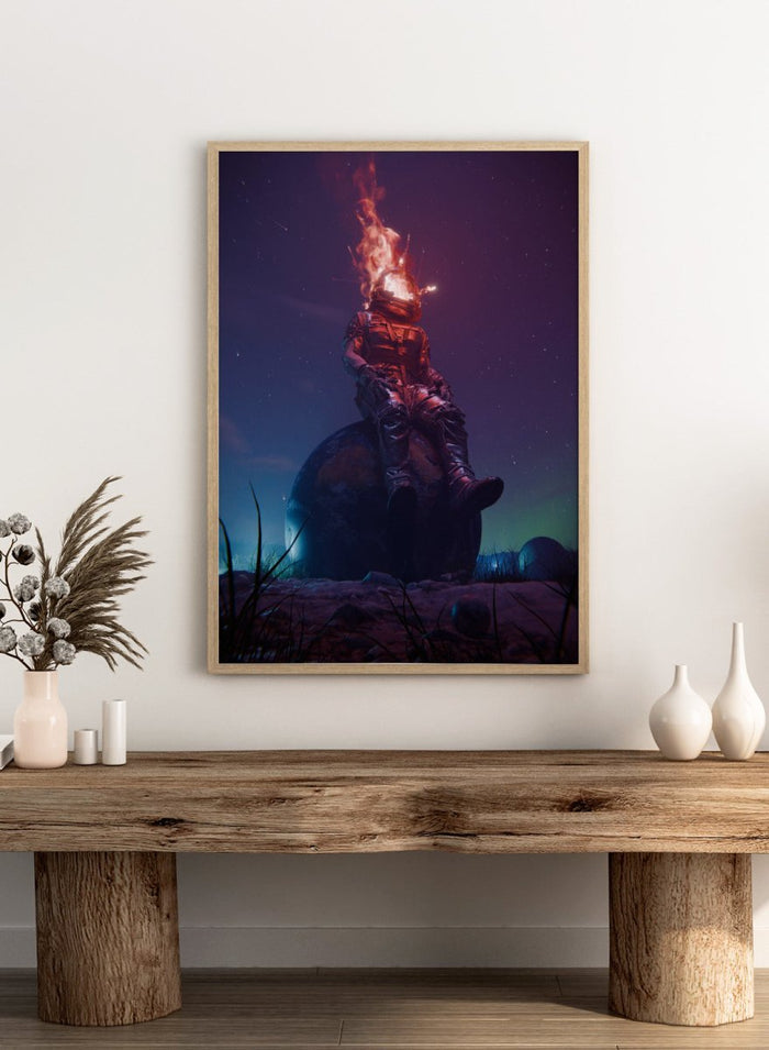Flaming Astronaut Stars by Nicebleed is a surreal astronaut art print with fire helmet, cosmic sky, and modern sci-fi aesthetic poster design.