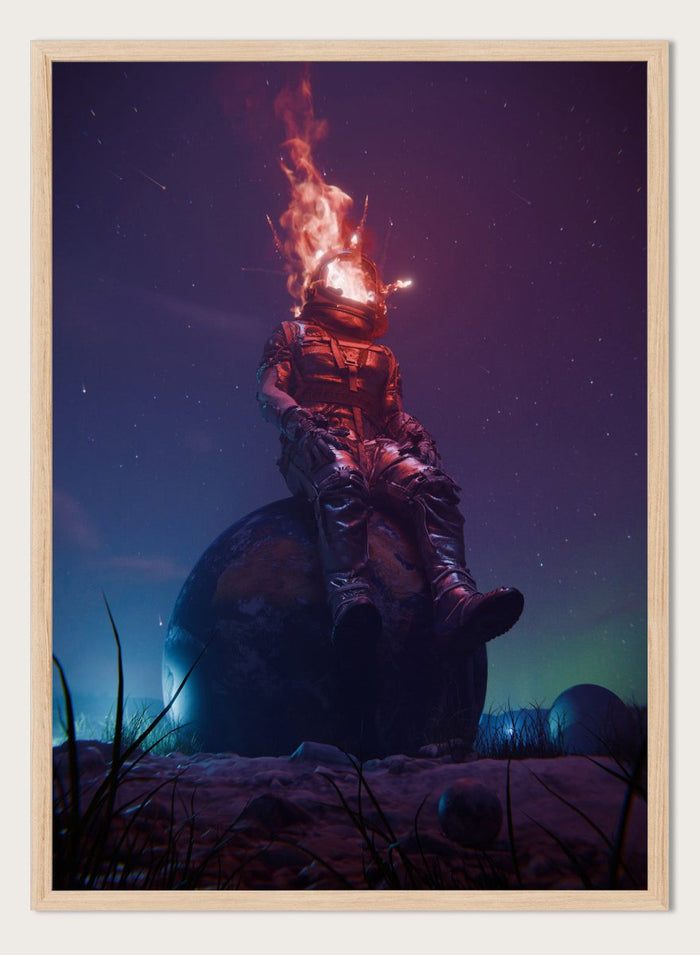 Flaming Astronaut Stars by Nicebleed is a surreal astronaut art print with fire helmet, cosmic sky, and modern sci-fi aesthetic poster design.
