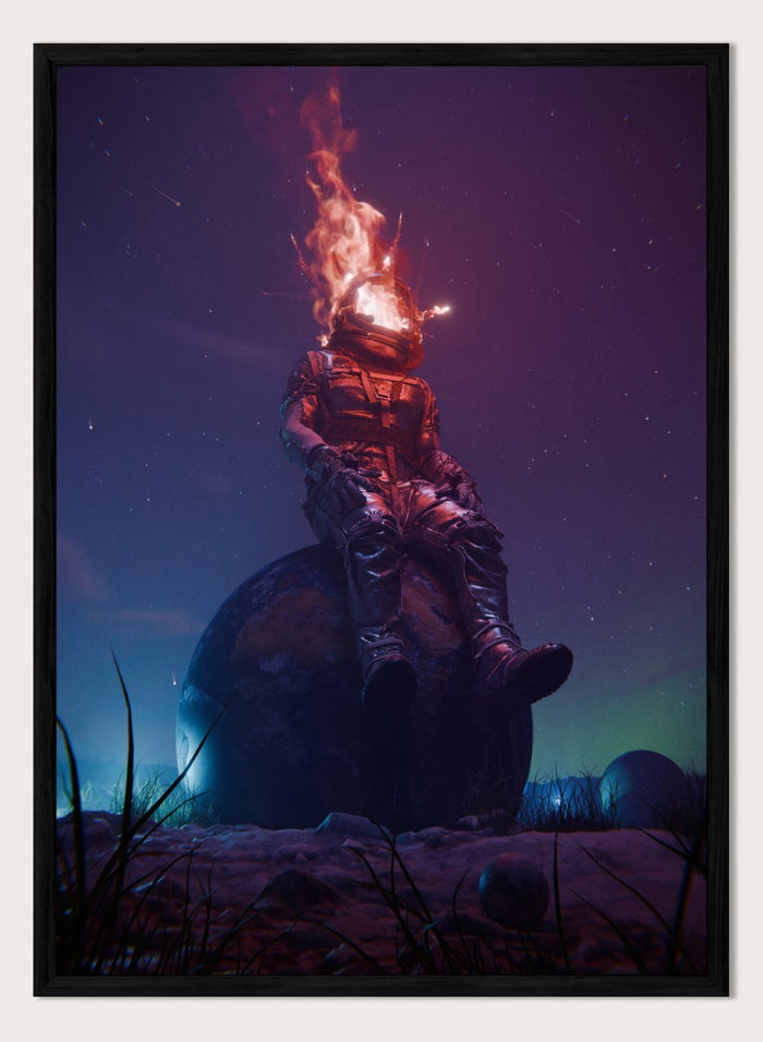 Flaming Astronaut Stars by Nicebleed is a surreal astronaut art print with fire helmet, cosmic sky, and modern sci-fi aesthetic poster design.