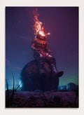 Flaming Astronaut Stars by Nicebleed is a surreal astronaut art print with fire helmet, cosmic sky, and modern sci-fi aesthetic poster design.