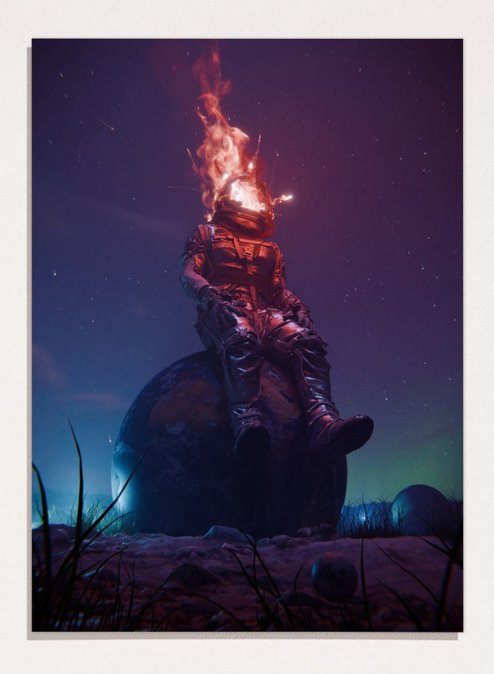 Flaming Astronaut Stars by Nicebleed is a surreal astronaut art print with fire helmet, cosmic sky, and modern sci-fi aesthetic poster design.