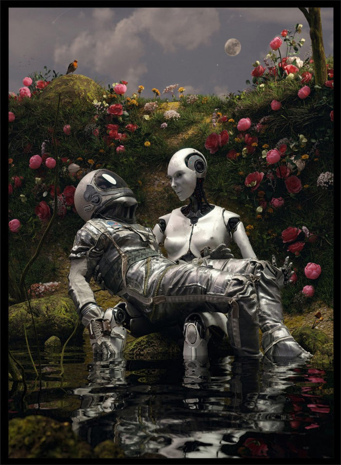 Moonlit Robot Embrace by Nicebleed is a surreal astronaut and android art print with moonlight, water reflection, and floral landscape in modern sci-fi aesthetic.