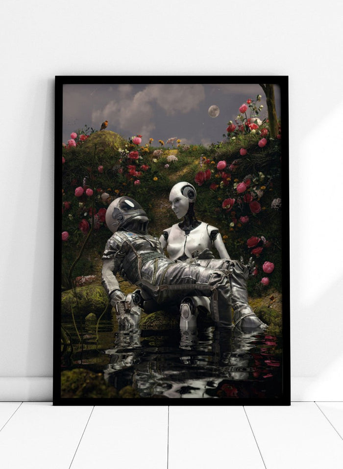 Moonlit Robot Embrace by Nicebleed is a surreal astronaut and android art print with moonlight, water reflection, and floral landscape in modern sci-fi aesthetic.