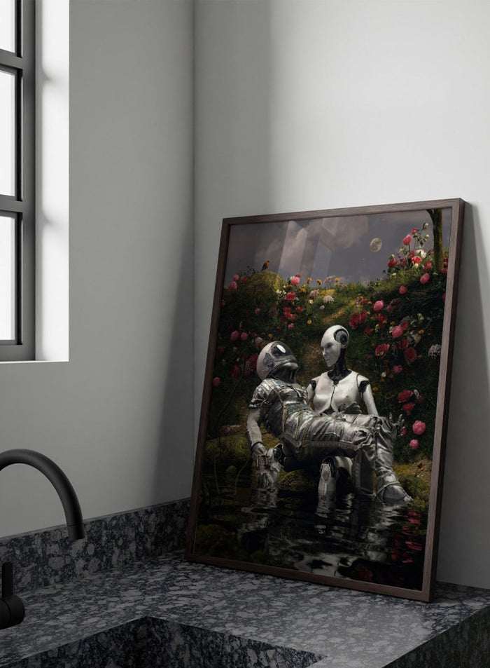 Moonlit Robot Embrace by Nicebleed is a surreal astronaut and android art print with moonlight, water reflection, and floral landscape in modern sci-fi aesthetic.
