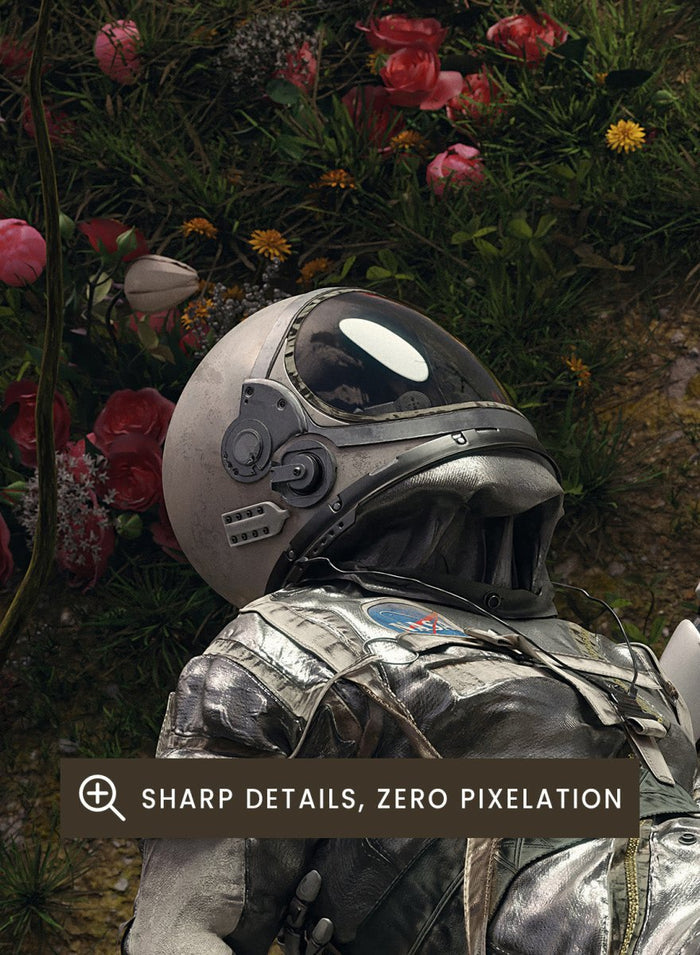 Moonlit Robot Embrace by Nicebleed is a surreal astronaut and android art print with moonlight, water reflection, and floral landscape in modern sci-fi aesthetic.