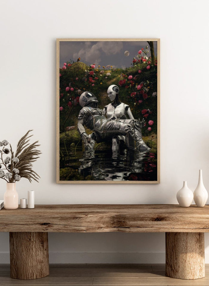 Moonlit Robot Embrace by Nicebleed is a surreal astronaut and android art print with moonlight, water reflection, and floral landscape in modern sci-fi aesthetic.